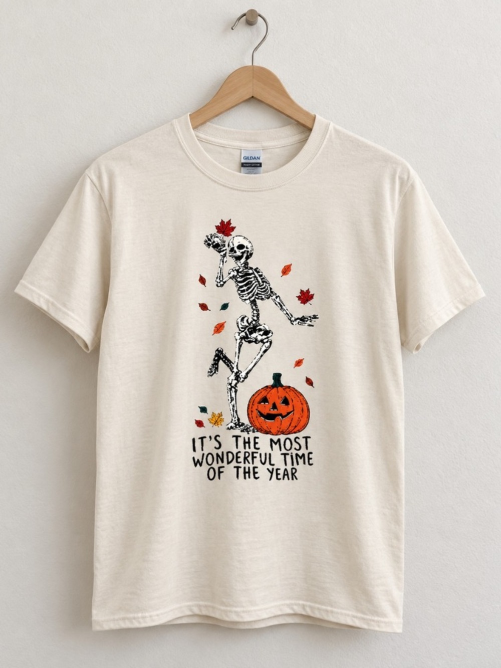 Skeleton Pumpkin Autumn Leaves It's The Most Wonderful Time Of The Year T-Shirt
